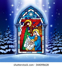 Illuminated stained glass window depicting Christmas scene in gothic frame against the night winter spruce forest in snow under starry sky. Vector Illustration