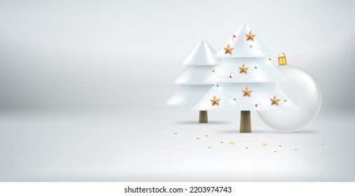 Illuminated studio with Christmas decorations. 3d vector illustration with copy space