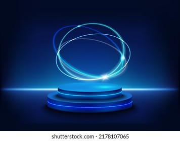 illuminated studio with neon light, portal and podium. 3d vector illustration