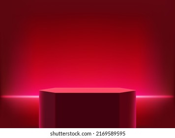 illuminated studio with red neon light and podium. 3d vector illustration