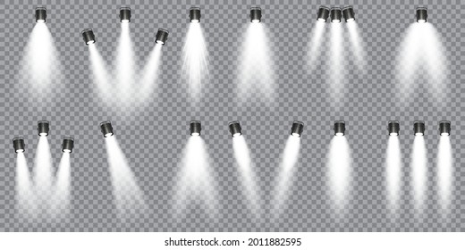 Illuminated studio spotlights collection. Bright light beam. Transparent realistic effect. Stage lighting. Glowing light rays. Vector illustration.