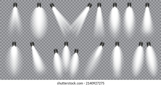 Illuminated studio spotlights collection. Bright light beam. Transparent realistic effect. Stage lighting. Glowing light rays. Vector illustration.