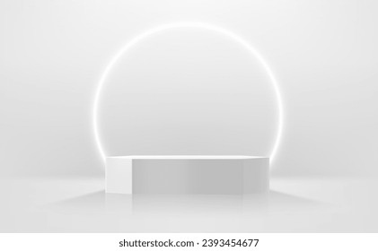 Illuminated studio with white neon lighting. 3d Vector illustration