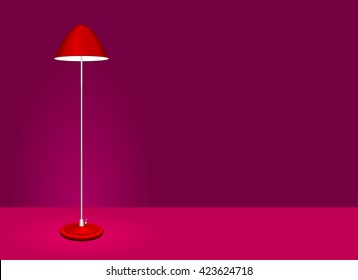 Illuminated tall modern design of single floor lamp with lampshade and thin neck in red with copy space