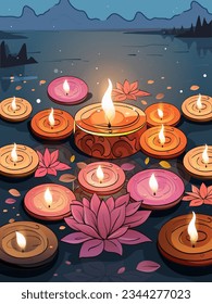 Illuminated Tea Candles and Lotus Flowers Floating on Water for Diwali Celebration.