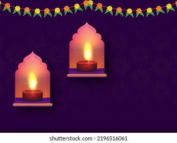 Illuminated Tealight Candles Decorated Corner Window And Floral Garland (Toran) On Purple Mandala Background With Copy Space.