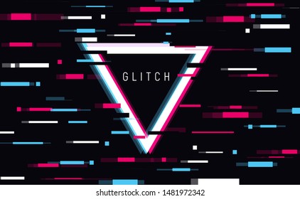 An illuminated triangle frame with glitch effect and a place for text Distorted glitch style modern background, glow design for banner, poster, flyer, brochure, card, vector illustration.