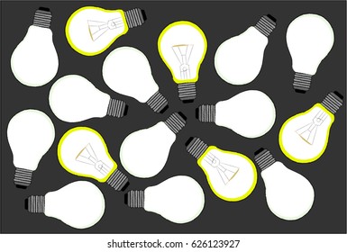 Illuminated and unlit bulbs on a gray background