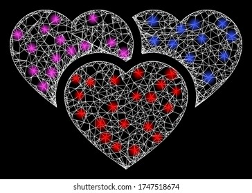  Illuminated vector 2d constellation created from love hearts icon. Sparkle carcass mesh polygonal love hearts.