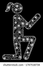   Illuminated vector 2d constellation created from knee standing girl icon. Sparkle carcass mesh polygonal knee standing girl.