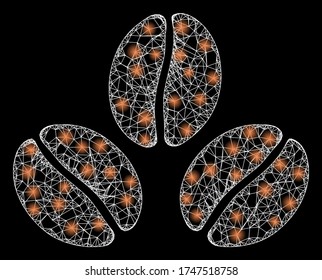   Illuminated vector 2d constellation created from cacao beans icon. Sparkle frame mesh polygonal cacao beans. Linear frame 2D mesh in vector format,