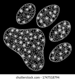   Illuminated vector 2d constellation created from paw footprint icon. Sparkle frame mesh polygonal paw footprint.