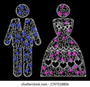   Illuminated vector 2d constellation created from marriage couple icon. Sparkle frame mesh polygonal marriage couple.