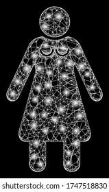  Illuminated vector 2d constellation created from old woman icon. Sparkle carcass mesh polygonal old woman. Linear carcass 2D mesh in vector format,