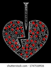  Illuminated vector 2d constellation created from crack love heart icon. Sparkle carcass mesh polygonal crack love heart.
