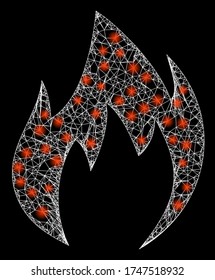   Illuminated vector 2d constellation created from fire flame icon. Sparkle frame mesh polygonal fire flame. Linear frame 2D mesh in vector format,