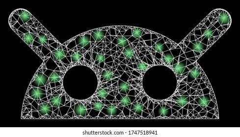  Illuminated vector 2d constellation created from robot head icon. Sparkle frame mesh polygonal robot head. Linear frame 2D mesh in vector format,