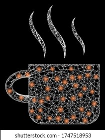  Illuminated vector 2d constellation created from hot tea cup icon. Sparkle frame mesh polygonal hot tea cup. Linear frame 2D network in eps10 vector format,