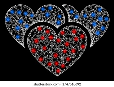  Illuminated vector 2d model created from love hearts icon. Sparkle carcass mesh polygonal love hearts. Linear carcass 2D mesh in eps10 vector format,