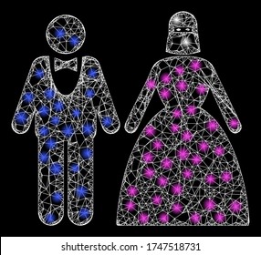   Illuminated vector 2d model created from muslim marriage couple icon. Sparkle carcass mesh polygonal muslim marriage couple.