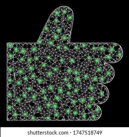   Illuminated vector 2d model created from thumb up icon. Sparkle carcass mesh polygonal thumb up. Wire carcass 2D mesh in eps10 vector format, white lines,