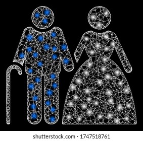  Illuminated vector 2d model created from grandparents couple icon. Sparkle carcass mesh polygonal grandparents couple.