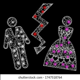  Illuminated vector 2d model created from divorce persons icon. Sparkle frame mesh polygonal divorce persons. Wire carcass 2D mesh in vector format,