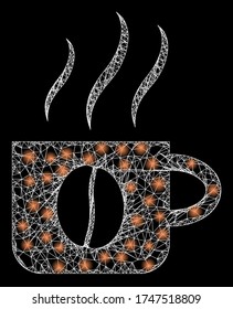  Illuminiertes Vektor2D-Modell, das aus dem Symbol für die heißen Kaffeetassen erstellt wurde. Sparkle Rahmen Mesh Polygonaler heißer Kaffeetasse. lineares 2D-Maschen im Vektorformat,