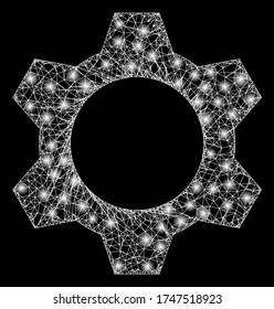  Illuminated vector 2d model created from cog icon. Sparkle carcass mesh polygonal cog. Linear carcass 2D mesh in eps10 vector format, white lines,