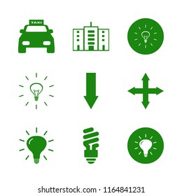 illuminated vector icons set. with office building, taxi cab, fluorescent bulb and down arrow in set