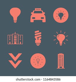 illuminated vector icons set. with office building, fluorescent bulb, down arrow and taxi cab in set