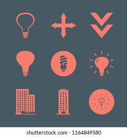 illuminated vector icons set. with office building, down arrow, fluorescent bulb and bulb in set