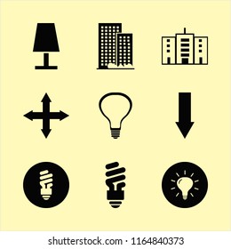 illuminated vector icons set. with out arrows, office building, fluorescent bulb and down arrow in set