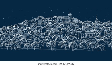 Iluminado Vila Sob Starry Night Sky um requintado Panorama de Paisagens Sonhadoras