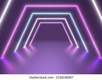 Illuminated violet interior with glowing neon. Vector 3d illustration