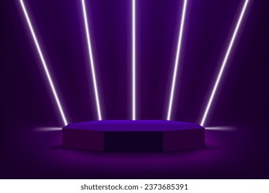illuminated violet interior with neon lights and podium. 3d vector illustration