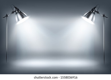 Illuminated wall by standing lamps. Empty showroom. Place for the exposition. White background. Vector illustration.