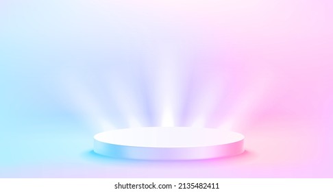 Illuminated white interior with bright spotlights. Showcase for a product. 3d vector illustration
