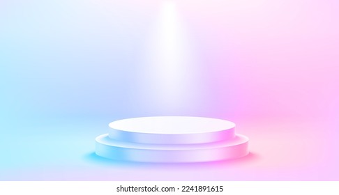 Illuminated white interior with bright spotlights. 3d vector illustration
Empty studio with podium. Vector show cse template for a product design. Vector 3d illustration
