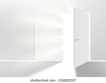 Illuminated white interior with opened door and shining. 3d vector illustration
