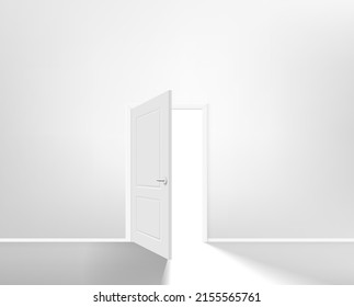 Illuminated white interior with opened door and shining. 3d vector illustration
