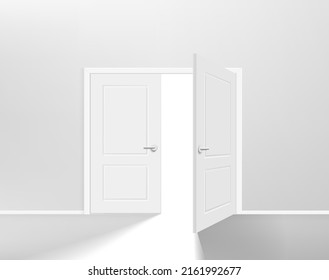 Illuminated white interior with opened door and shining. 3d vector illustration
