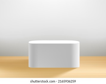 Weißes, beleuchtetes Interieur mit Ständer. Gehäuse für ein Produkt. 3D-Vektorgrafik
