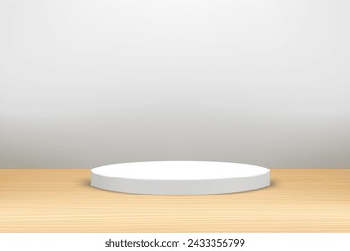 Interior blanco iluminado con soporte. Escaparate de un producto. ilustración vectorial 3d
