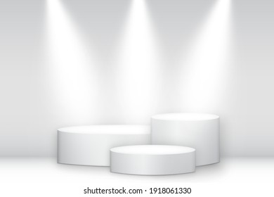 Illuminated White Round Pedestal. Winner Podium, Platform With Spotlights On Grey Background. Empty White Podium Mockup, White 3d Geometric Illuminated Studio Pedestal With Spotlights.