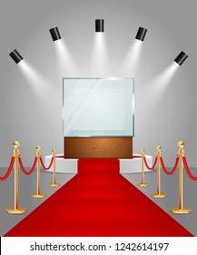 Illuminated white round podium with empty glass showcase, red carpet and gold rope barriers. Vector realistic illustration. Display case for presentation exhibition.