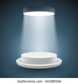 illuminated white round podium on dark background. Vector illustration.