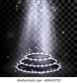 Illuminated white stage round Podium on black transparent background. Vector illustration.