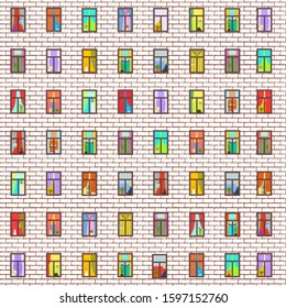 Illuminated windows in facade of large apartment building, seamless pattern, panorama multistory city house, brick wall. Multi-colored windows with various objects and curtains, vector illustration