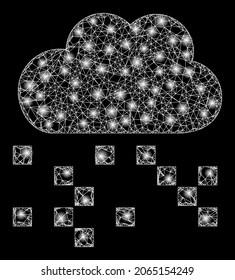 Digitale Wolke aus beleuchtetem Draht mit leuchtenden Flecken. Vektorkadaver auf der Basis des digitalen Cloud-Icons und mit gekreuzten Linien. Glühende polygonale digitale Karkasse auf schwarzem Hintergrund.